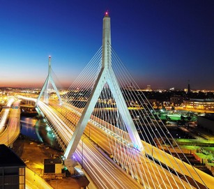 Photo:  Leonard P. Zakim Bunker Hill Memorial Bridge crosses the Charles River from Downtown Boston